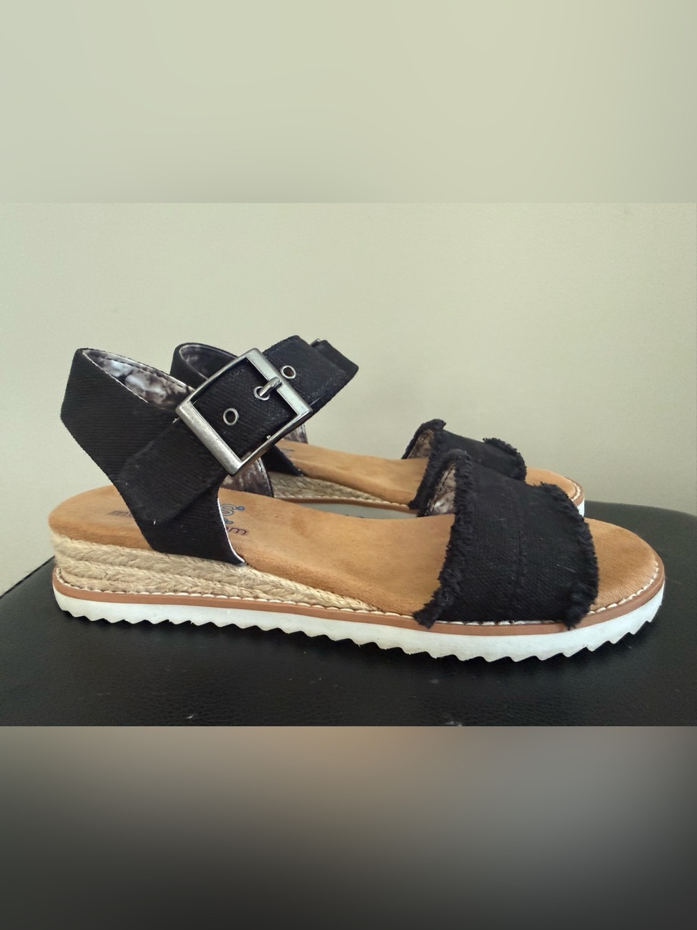 Bobs from Skechers Women's Black Espadrille Wedge Sandal with Buckle Strap